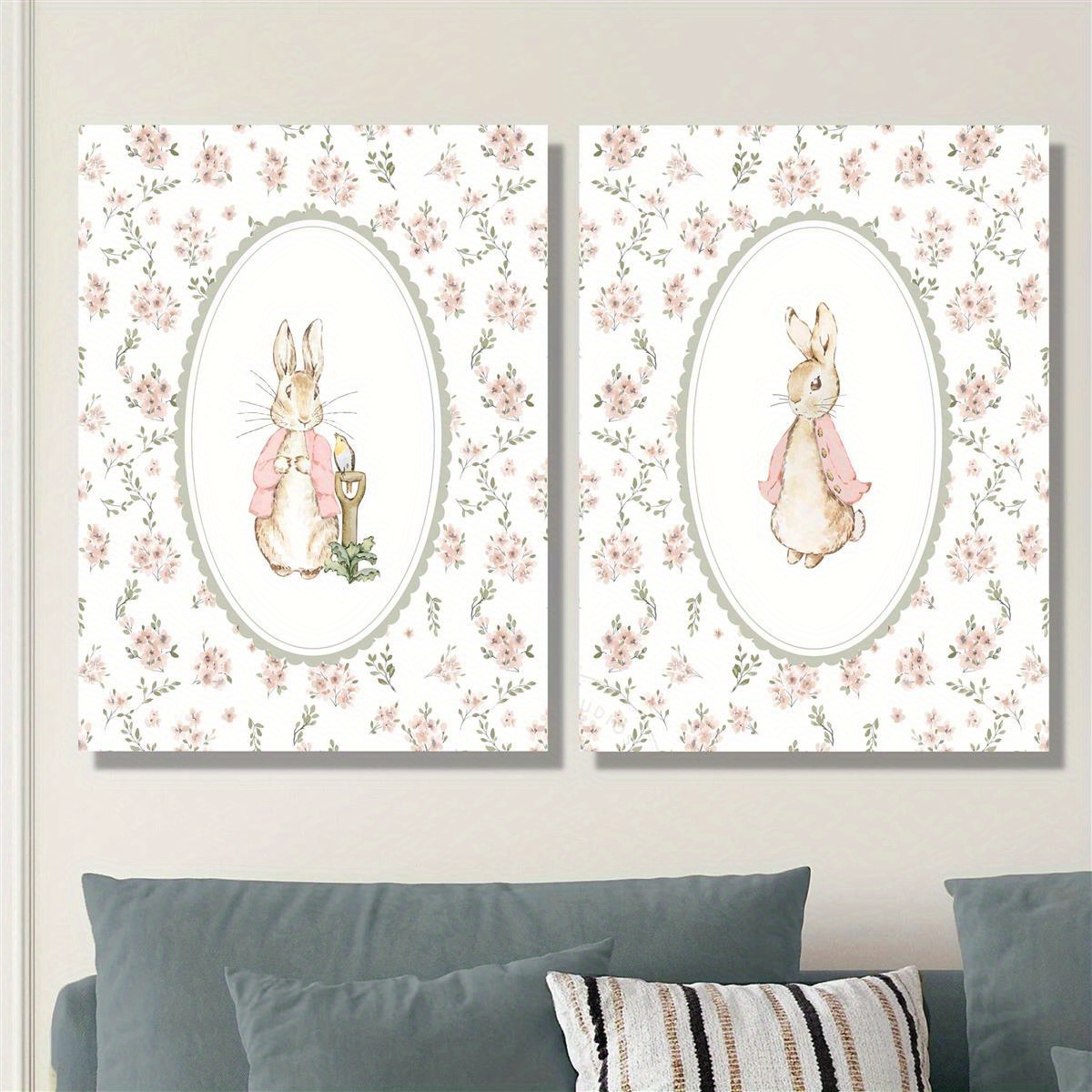 Home Decor Design Interior - 2pcs Retro Easter Rabbit Canvas Print