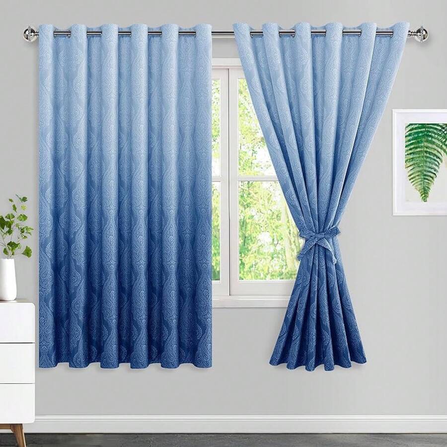 Ombre Blue Damask Pattern Blac - Blackout Curtains ulasan dan harga