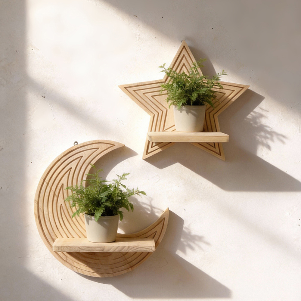 Moon Star Shape Wooden Floatin - Floating Shelves ulasan dan harga